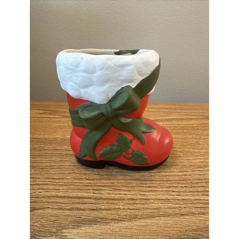 Vintage Hand Painted Ceramic Santa‎ Boot  Geen Bow With Holly And Bow Planter 5